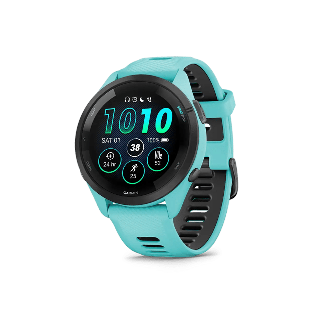 Garmin Forerunner 265 in aqua left angled view