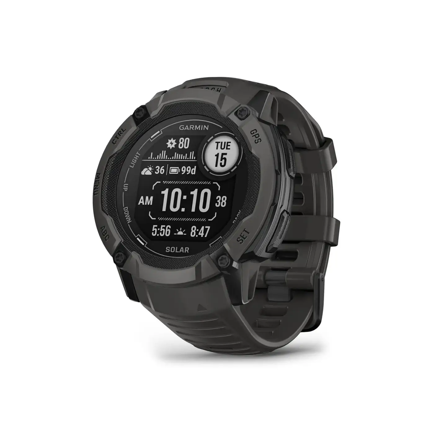 Garmin Instinct 2X Solar in moss green left angled with homepage screen