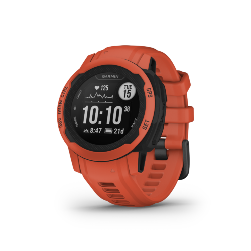 Garmin Instinct 2X Solar in flame red angled left with homepage screen