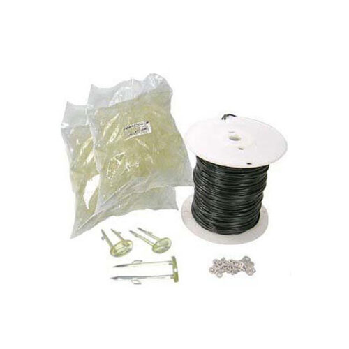 Components of bulk radial wire kit including wire, ring terminals and lawn staples.