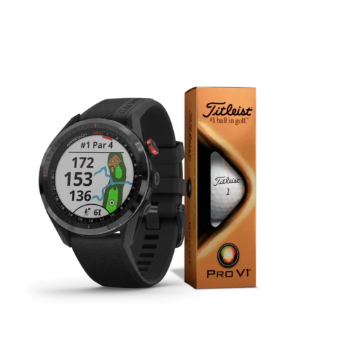 Garmin Approach S62 in black with Titleist Pro V1 RCT Golf Balls