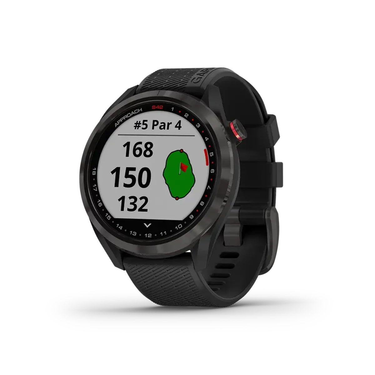 Garmin Approach S42 Golf GPS Smartwatch black angled left with golf course