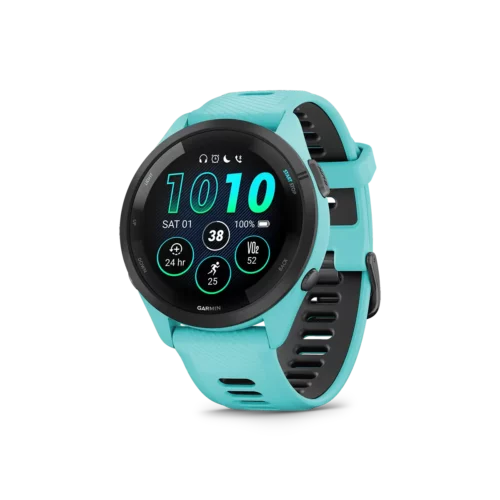 Garmin Forerunner 265 in aqua left angled view