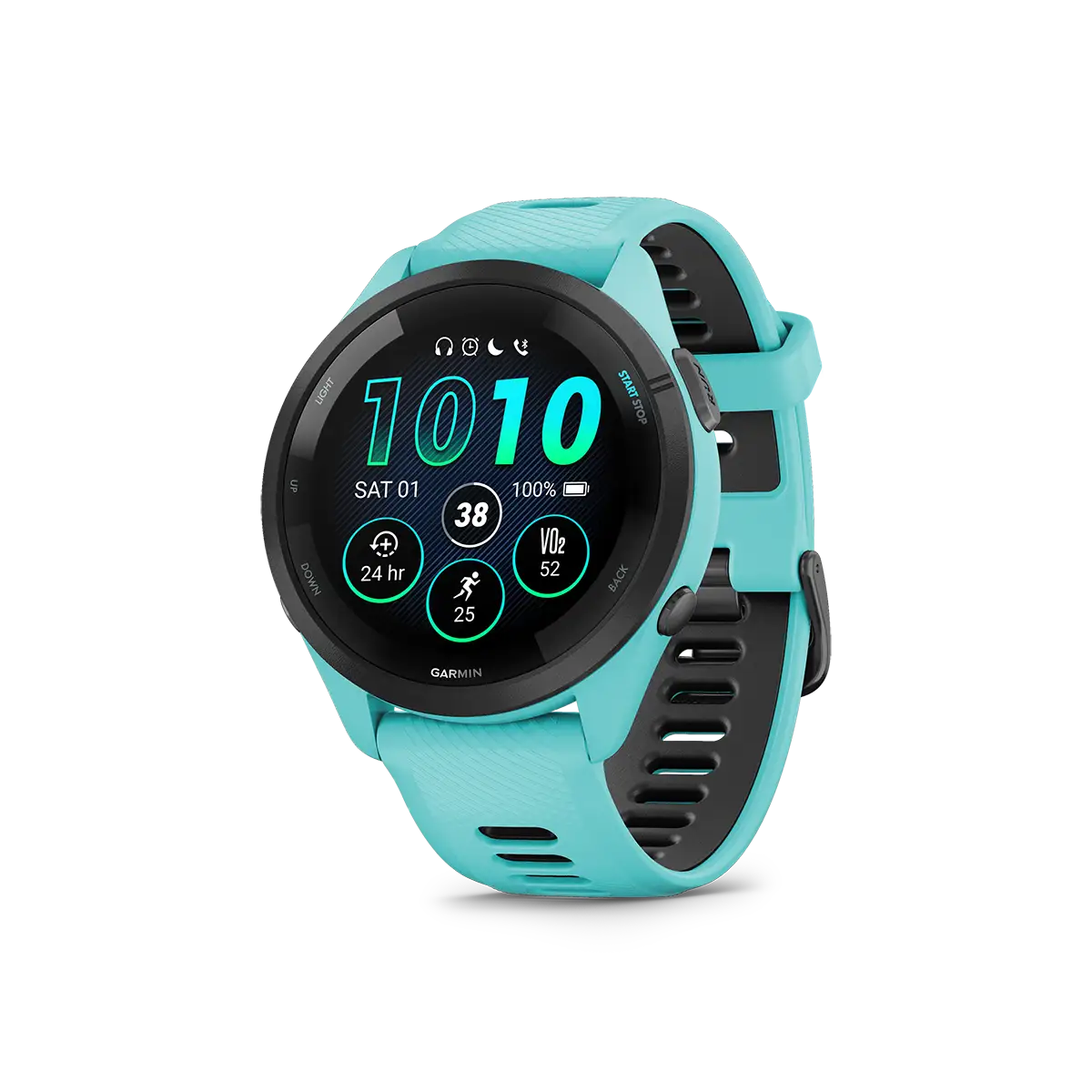 Garmin Forerunner 265 in aqua left angled view