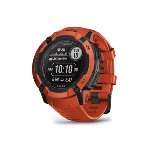 Garmin Instinct 2X Solar in flame red angled left with homepage screen