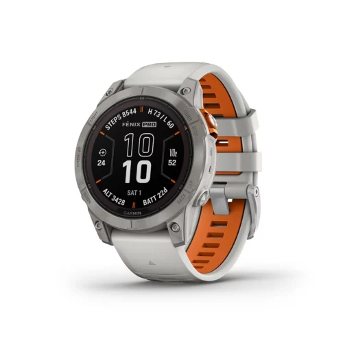 Garmin fenix 7 Pro Sapphire Solar in Titanium with Fog Gray/Ember Orange Band