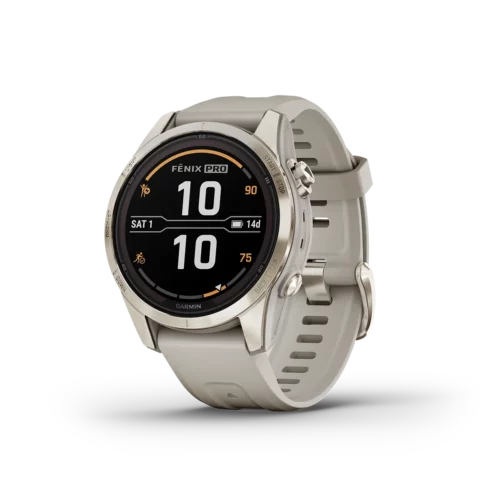 fenix 7S Pro Sapphire Solar Edition in Soft Gold with Light Sand Band