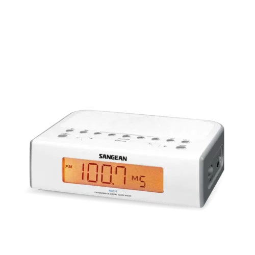 Sangean RCR-5 AM/FM Digital Tuning Radio in white angled left front view