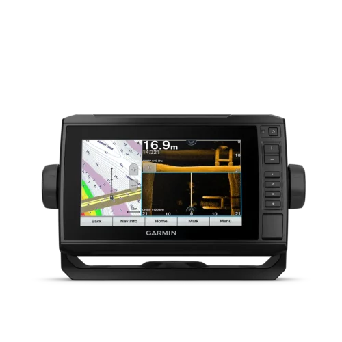 Garmin fish finder ECHOMAP UHD 75sv front view showing sonar maps on 7” screen