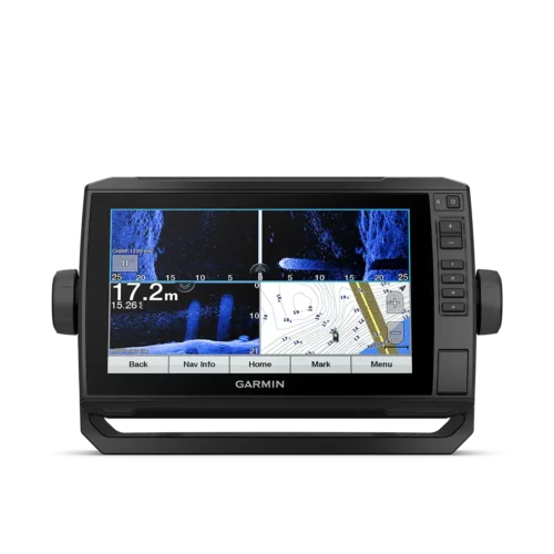 Front view of Garmin ECHOMAP UHD 95sv fish finder with sonar view