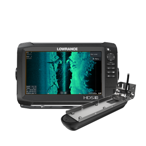 Lowrance fish finder HDS 9 Carbon with transducer showing sonar map on 9” screen