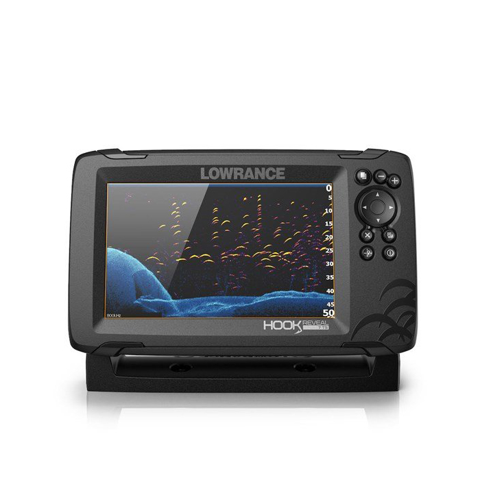 Lowrance Hook Reveal 7 with TripleShot transducer front view showing undersea view with fish